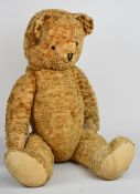 A large vintage Teddy bear with golden mohair, straw filled body, disc joints, cloth pads and