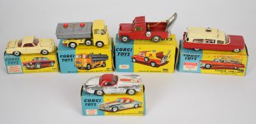 Five vintage Corgi Toys diecast model cars and trucks comprising Volkswagen 1500 Karmann Ghia 239,