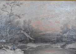 Oil on canvas winter lake scene with houses, indistinctly signed possibly I Kruchen lower right,