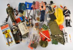 Four vintage Action Man figures together with a collection of original and 40th anniversary clothing