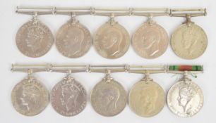 Ten British Army WW2 medals comprising War Medal (5) and Defence Medal (5)