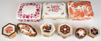 Royal Crown Derby trinket boxes in Imari, Royal Pinxton Rose, 1297 and other patterns, tallest 4cm