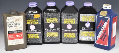 Six canisters of shotgun cartridge powder including Savutonta Putta Smokeless Powder and Nobel