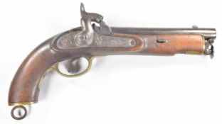 Percussion hammer action .577 Sea Service or Lancers pistol with lock stamped 'IBI' with lion