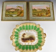 Pair of porcelain plaques decorated with Apply Hall and Willey Park, Shropshire and a twin handled