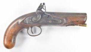Unnamed flintlock coat pistol with engraved lock and brass trigger guard, brass tipped wooden ram-