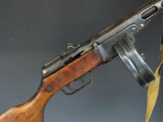 Deactivated Russian PPsh 7.62mm sub machine gun with rotary magazine, canvas sling, adjustable