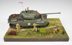Military diorama featuring a British post WW2 Centurion tank, 40 x 29 x 23cm, with storage box /