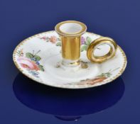 Swansea porcelain early 19thC miniature chamberstick / candlestick with gilded circular finger piece