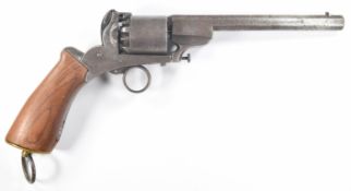 Belgian 12mm six-shot semi-hammerless percussion revolver with wooden grip, belt loop, ring