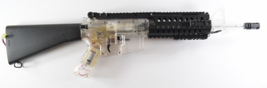 Black Viper electric airsoft assault style rifle with clear body, in original box with accessories