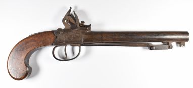 Twigg of London 28 bore flintlock pistol with spring bayonet, named and engraved lock, shaped wooden
