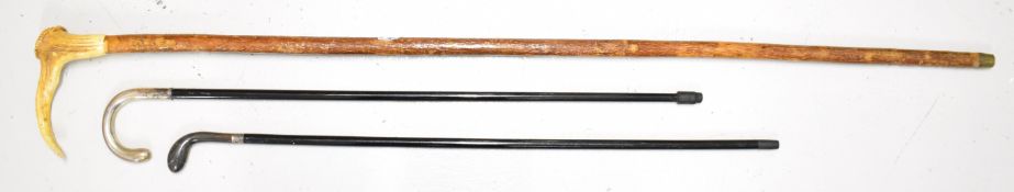 Three walking sticks including Sunday Golfing stick with horn handle, ebonised cane with white metal