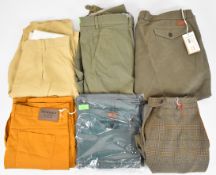 Six pairs of James Purdey & Sons Ltd trousers including size 34 cotton chinos, khaki breeks size 38,