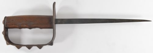 American WW1 trench fighting knife with wooden grip, D shaped guard stamped US L F & C 1917 and 22.