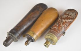 Three Colt style bag shaped copper and brass powder flasks, one G&JW Hawksley & Son suitable for a
