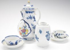First Period Worcester tea bowls and saucers, caddy and a teapot with enamelled Chinoiserie