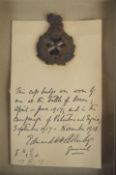 British Army WW1 interest General Sir Edmund Allenby's cap badge with handwritten note 'This cap