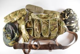 Ammunition grab bag, two camouflage baseball caps, pair of DPM leather gloves and a Sam Browne belt