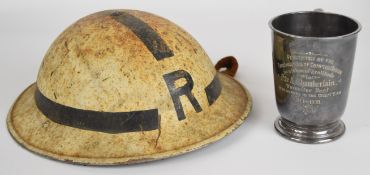 WW2 British 'Brodie' steel helmet painted white with black stripes and 'R' for Rescuer to front,
