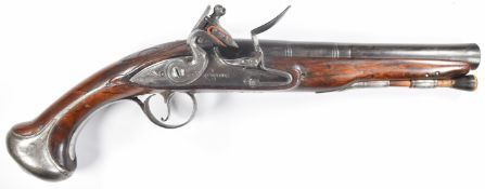 T Richards flintlock holster pistol with named and engraved lock, engraved hammer, trigger guard,