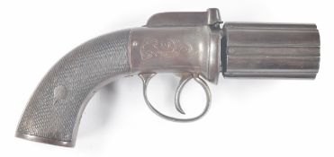English 160 bore six-shot bar hammer action pepperbox pistol / revolver with engraved lock, top