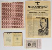 German Nazi Third Reich ephemera comprising sheet of 100 Hitler stamps, Reich banknote 1,000,000