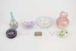 Ten pieces of glassware including Perthshire scent bottle or inkwell paperweight, Ysart interest