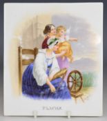 Vienna plaque 'Flachs' ladies with child spinning yarn, signed Geroutha Franz 1839, 20.5 x 18cm