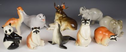 Lomonosov / USSR porcelain wild animal figures including moose, seal, sea lion, elephants etc,