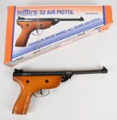 Milbro S2 .22 air pistol with adjustable sights, serial number 1721219956002067A, in original box