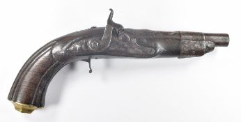 Percussion hammer action pistol with embossed decoration to the lock and hammer, shaped brass butt