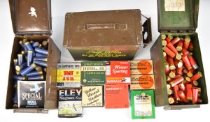 Approximately five hundred 12, 16 and 20 bore shotgun cartridges in three metal military