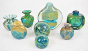 Eight Mdina glass vases and paperweights, most signed to bases, largest 14cm tall.