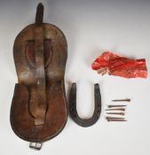 British Army leather horseshoe pouch with shoe and nails