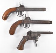 Three antique pistols comprising two percussion hammer action pocket pistols, one with octagonal