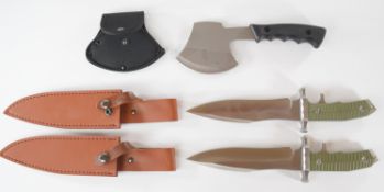 Two hunting knives, both with 19cm blades, together with a survival axe with protective cover PLEASE