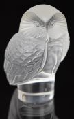 Lalique frosted and clear glass owl paperweight signed 'Lalique France' to base, 8.8cm tall.