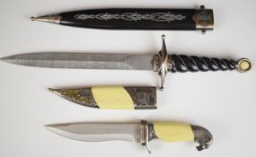 Dress dagger with 26cm Damascus blade, composite grips and decorated scabbard, together with a