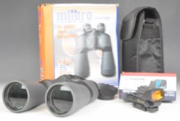 A pair of Milbro Clearview 10-30x60 zoom binoculars and a Crosman Air Power wide view red dot sight,