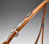 Carl Gustaf 6.5x55 Swedish Mauser bolt-action rifle with adjustable sights, leather sling, brass