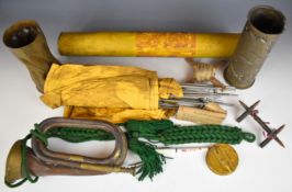 Two WW2 pieces of trench art made from brass shell casings dated 1916 and 1917 together with a bugle