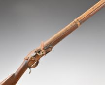 French flintlock three band hammer action musket with indistinctly named lock, raised cheek piece,
