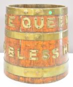 Victorian Royal Navy coopered brass and copper riveted tapered grog tub with brass lettering in