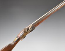 Flintlock musket with dog lock safety, brass trigger guard, carved decoration, vacant cartouche to