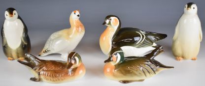 Lomonosov / USSR six porcelain bird figures including penguins, ducks, partridge etc, tallest 15cm