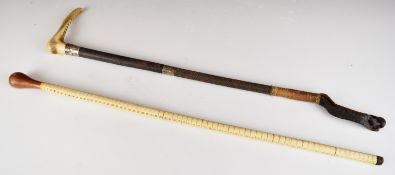 Hallmarked silver mounted leather and deer horn riding crop and a vertebrae stick, longest 60cm