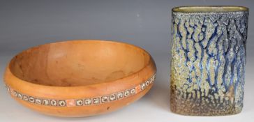 Studio pottery oval vase with streaky blue and white glazed branch style decoration in relief and