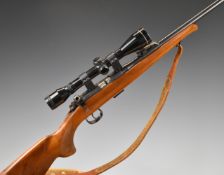 BRNO Model 2-E-H .22 bolt-action rifle with chequered semi-pistol grip, multi-shot magazine, leather