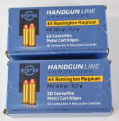 One hundred .44 Remington Magnum PPU Handgun line pistol cartridges, in original boxes. PLEASE
